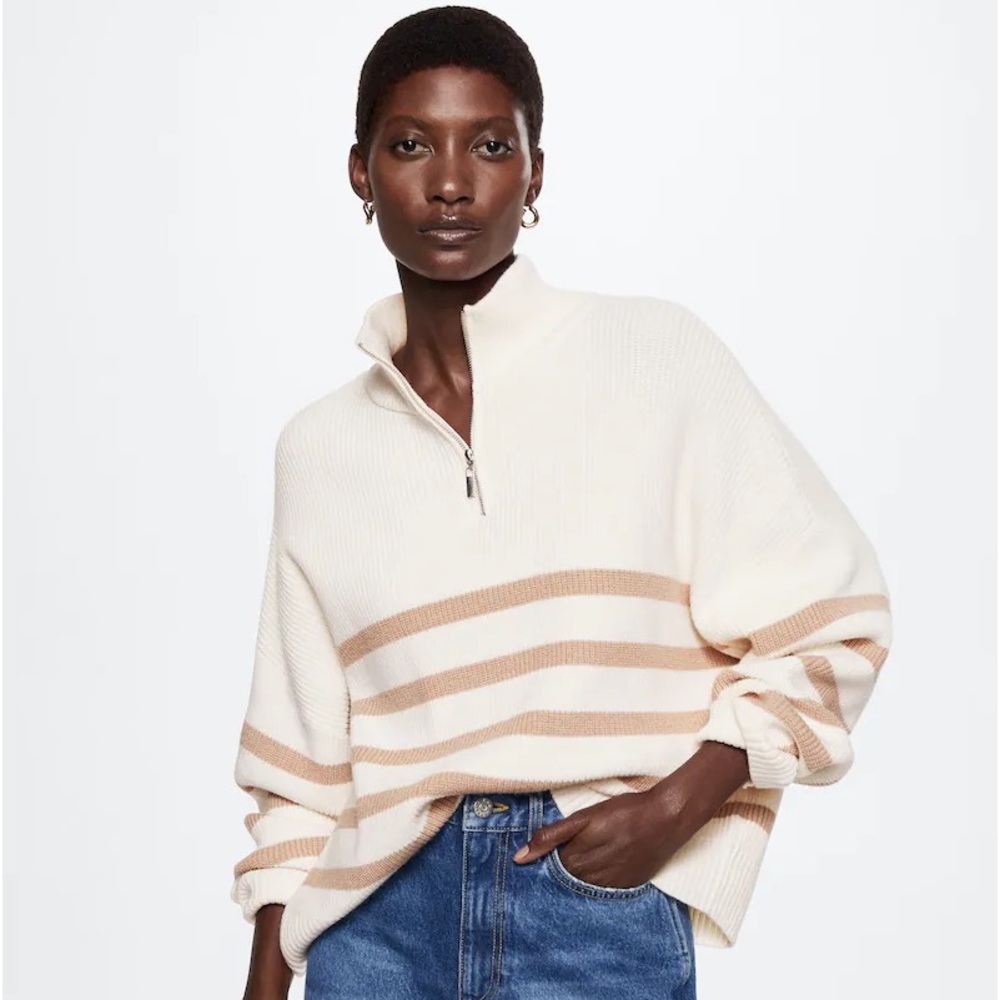 Mango MNG Oversized Striped Sweater Cream/Off white tan medium quarter zip